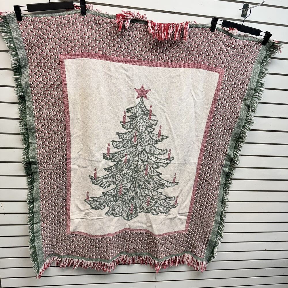 90s Vintage Christmas Tree Throw Blanket Reversible Woven Tapestry Grandmacore